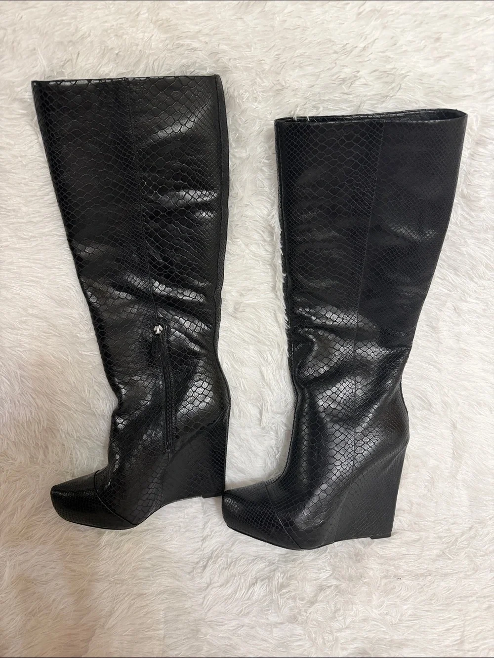 Boutique 9 Black Leather-Textured Wedge Below Knee Boots NWOT